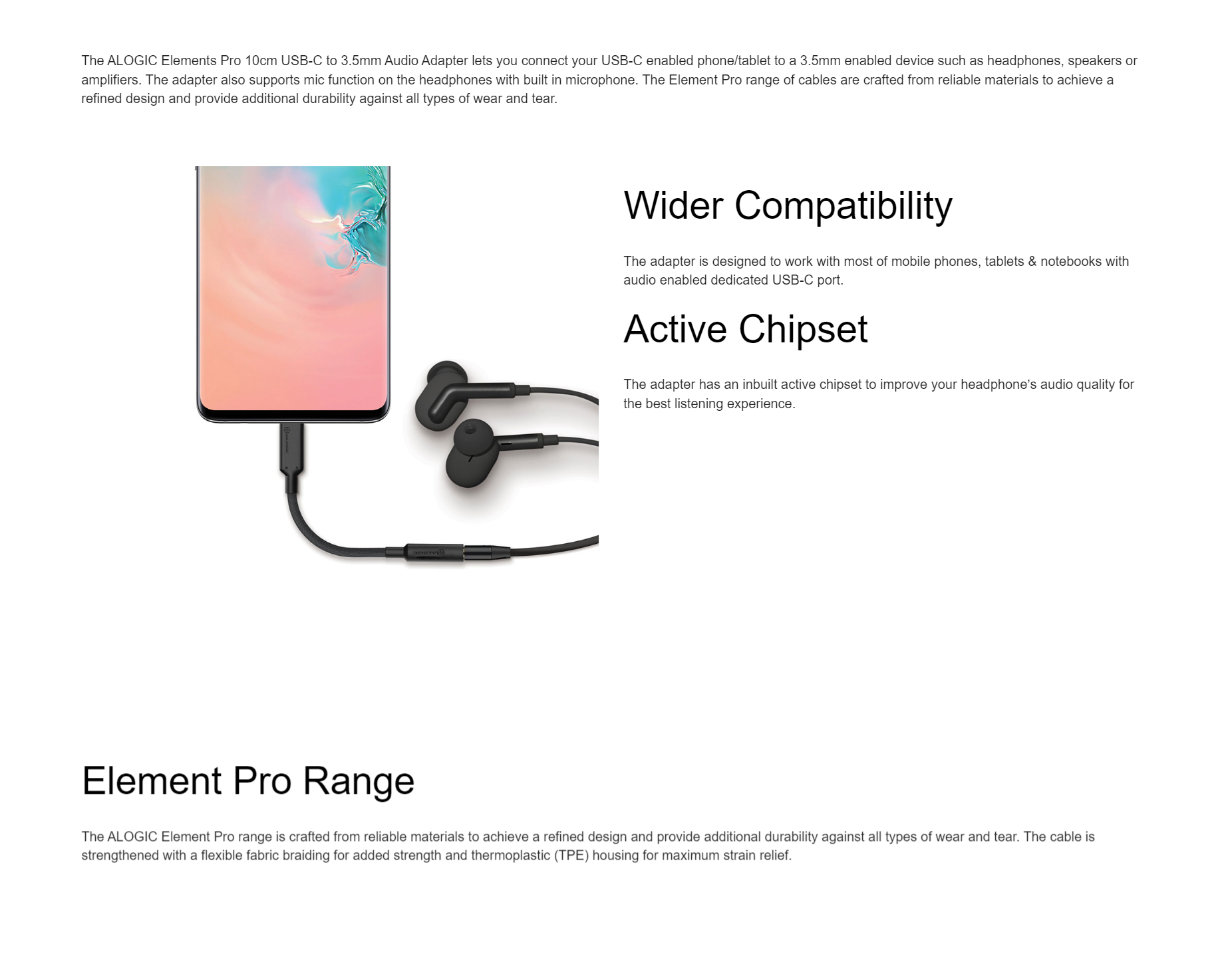 A large marketing image providing additional information about the product ALOGIC Elements PRO USB Type-C to 3.5mm Audio Adapter - Black - Additional alt info not provided